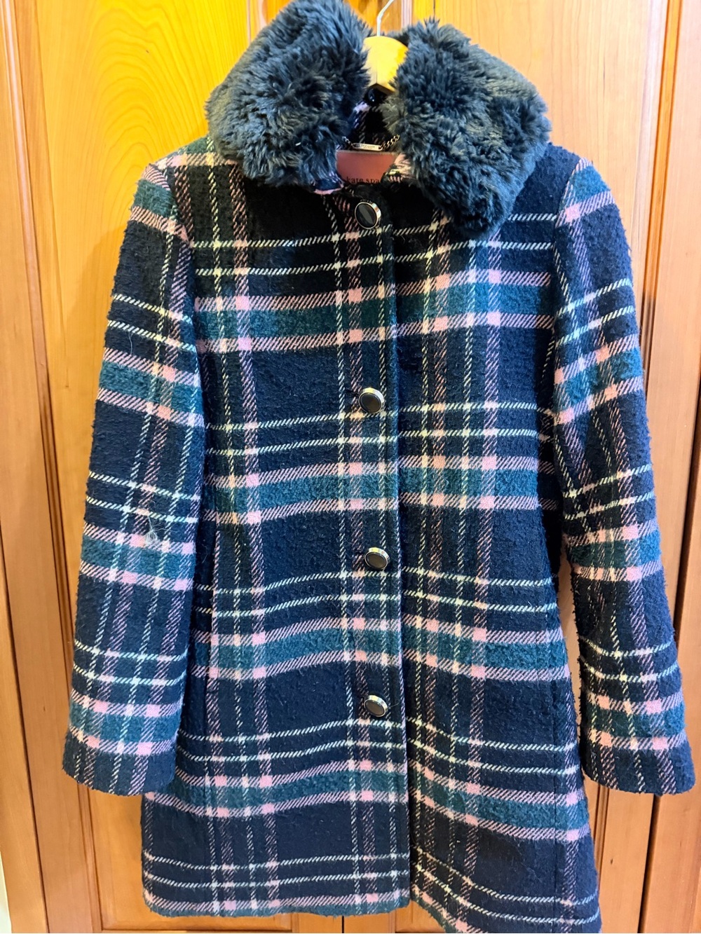 kate spade Navy Plaid Coat with Pink and Cream Accents